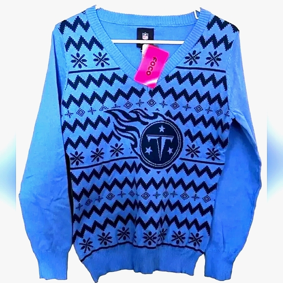 New FOCO NFL Tennessee Titans V-Neck Ugly X-mas Sweater! Blue. Women (M) - Picture 7 of 7